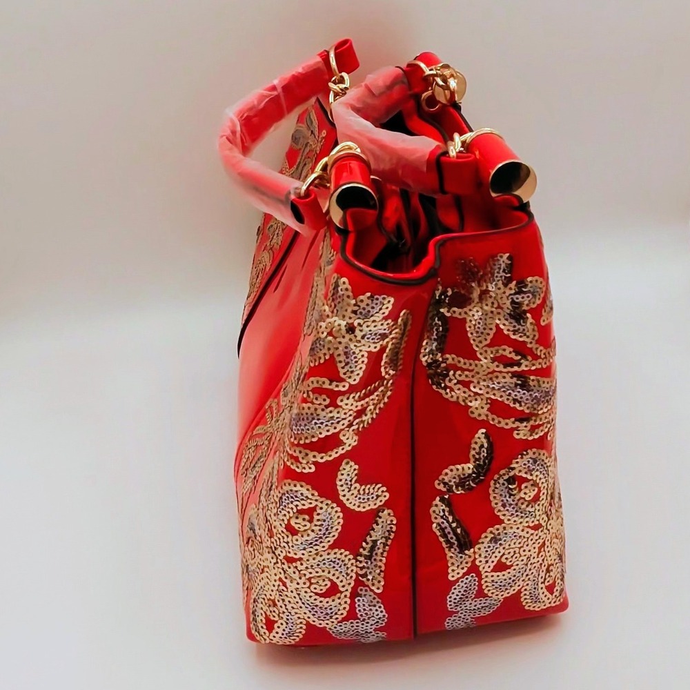 Glam Red Patent Leather Satchel Gold Sequin Floral Embroidery Bag - Picture 2 of 6